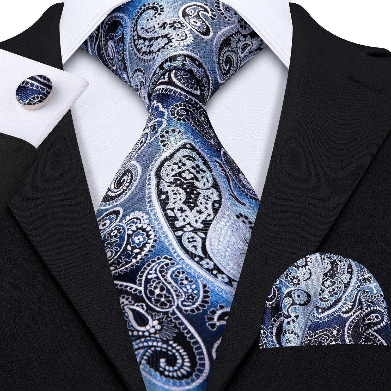 Grey Blue Paisley Necktie Pocket Square Cufflinks Set