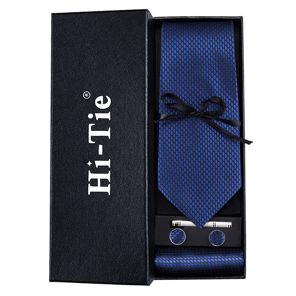 Navy Blue Geometric Tie Hanky Cufflinks Set Gift Box Set