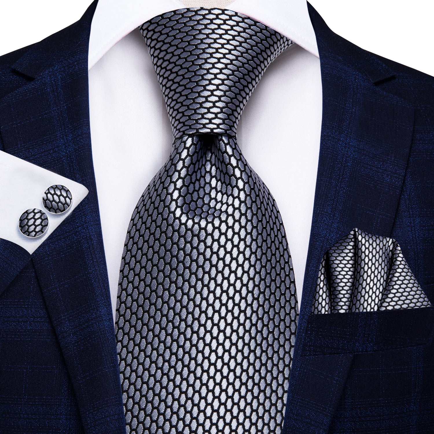 Grey Geometric Plaid Tie Pocket Square Cufflinks Set