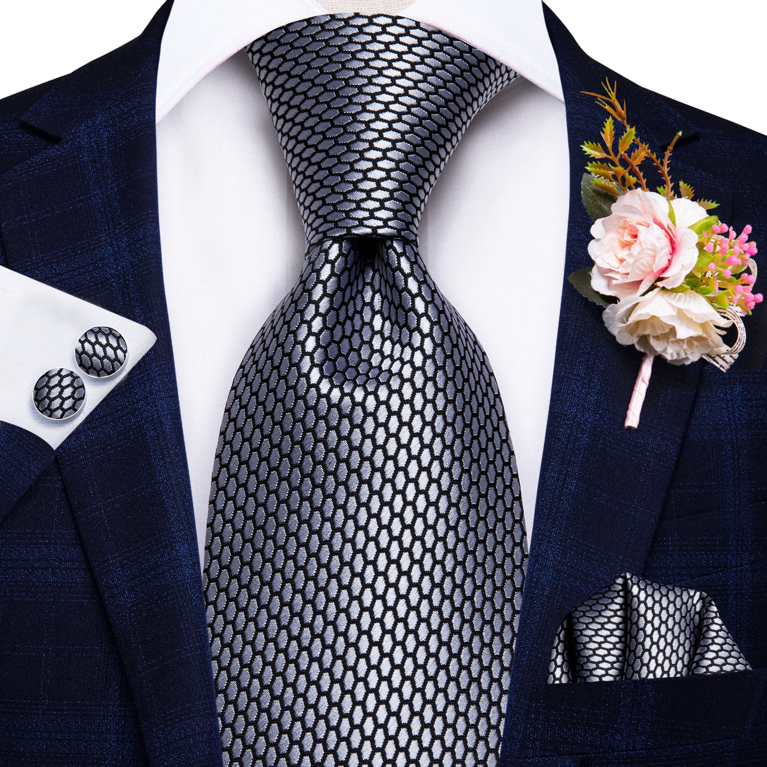Grey Geometric Plaid Tie Handkerchief Cufflinks Set with Wedding Brooch