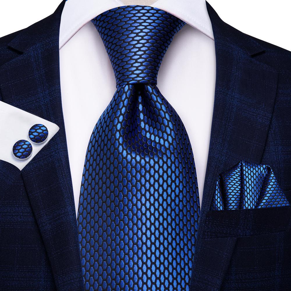 Navy-Blue Geometric Polka Dot Tie Handkerchief Cufflinks Set with Wedding Brooch