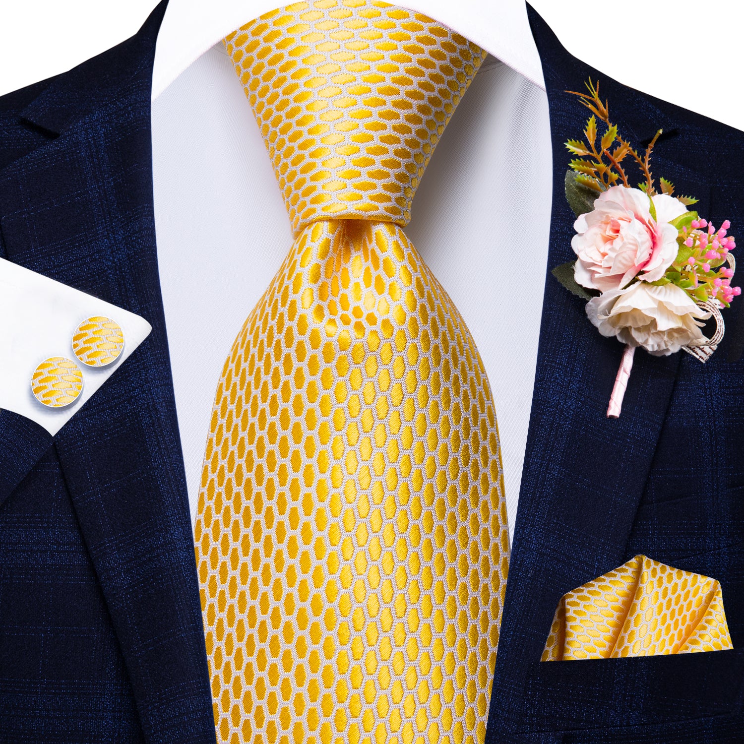 Yellow-White Plaid Tie Handkerchief Cufflinks Set with Wedding Brooch