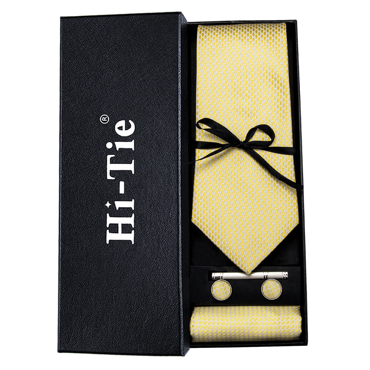 Yellow-White Plaid Tie Pocket Square Cufflinks Set Gift Box Set