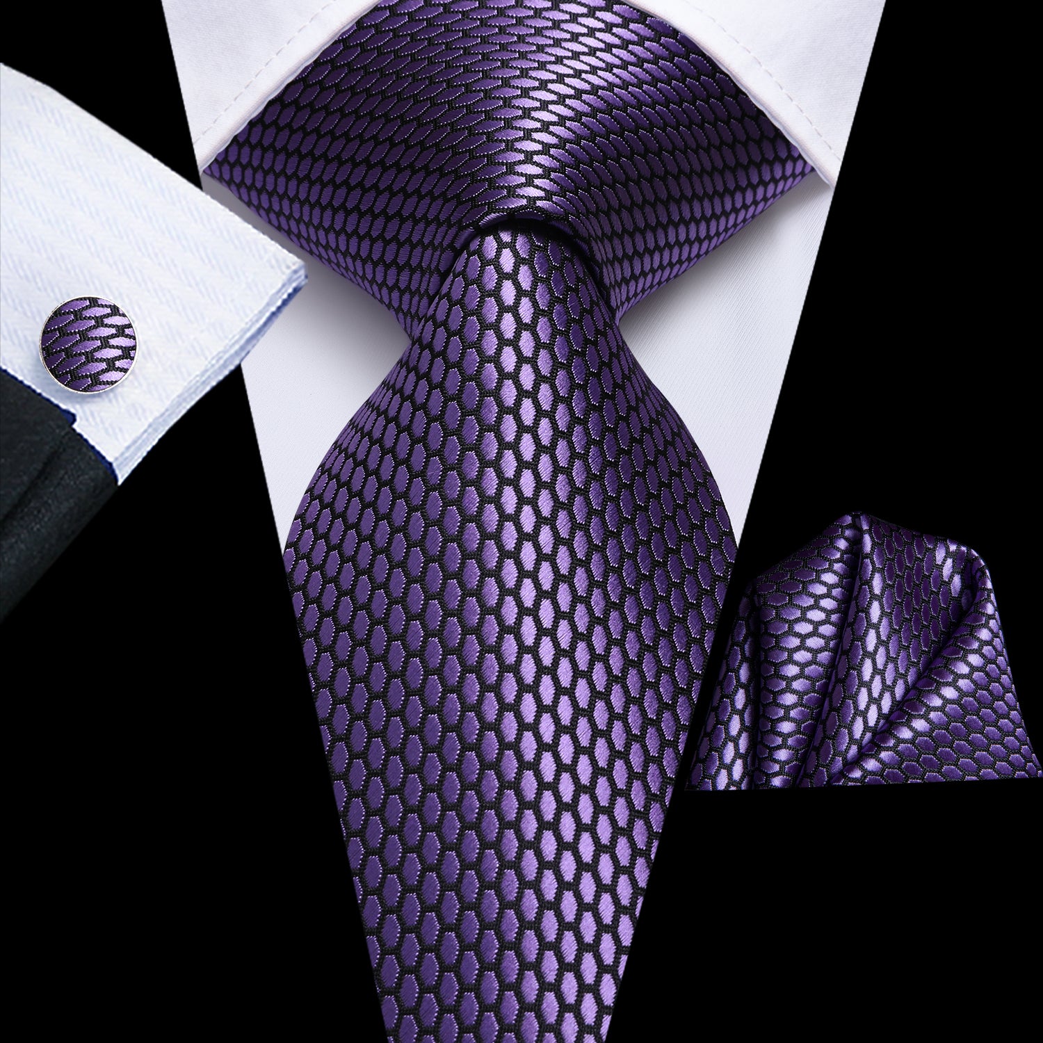 Purple Geometric Solid Tie Hanky Cufflinks Set
