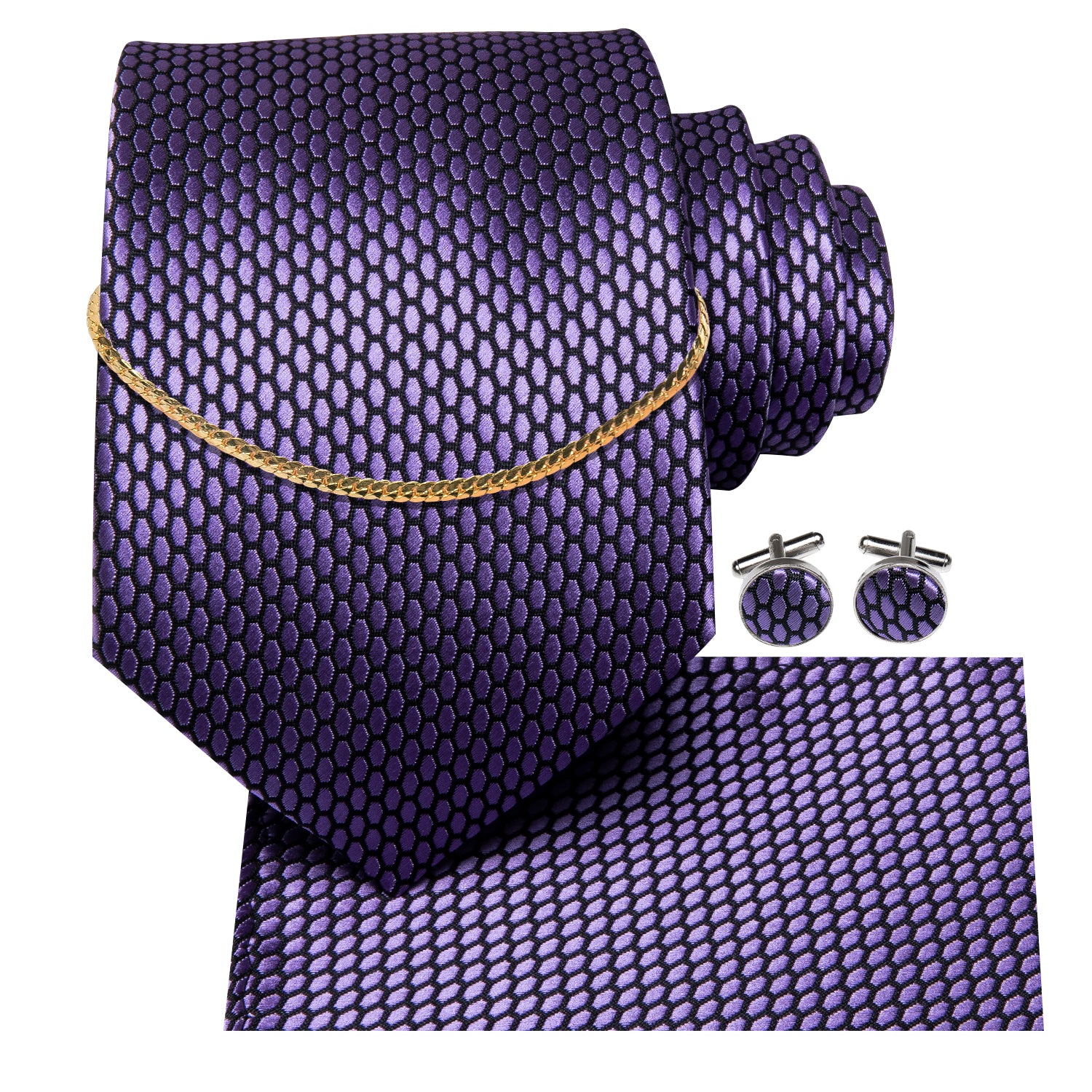 Purple Geometric Solid Tie Hanky Cufflinks Set With Golden Chain
