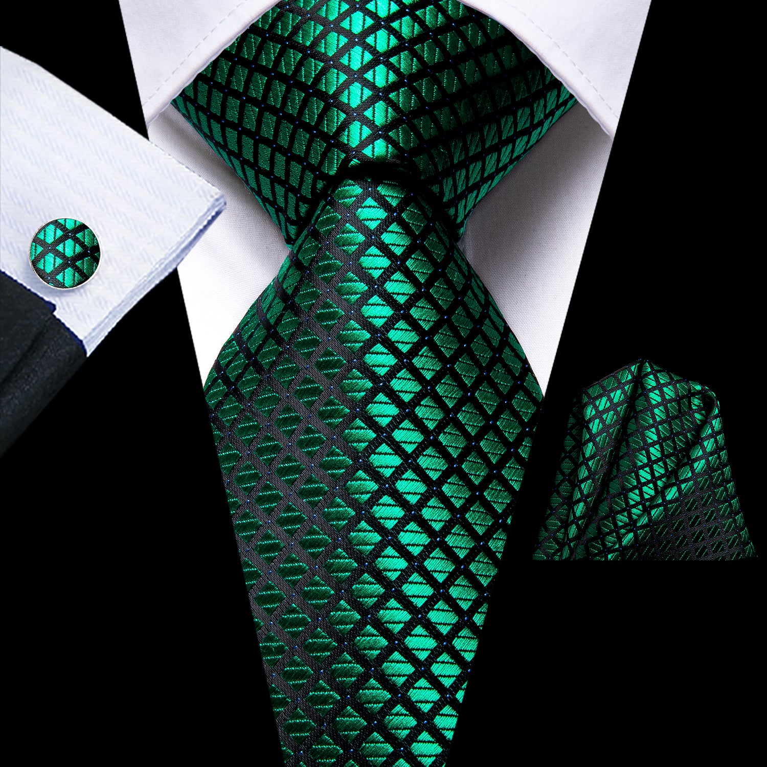 Green Plaid Tie Pocket Square Cufflinks Set Gift Box Set
