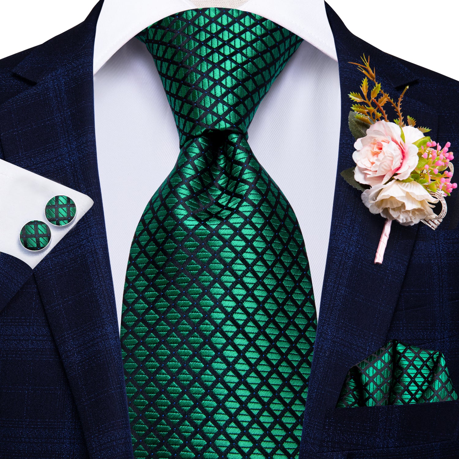 Green Plaid Tie Handkerchief Cufflinks Set with Wedding Brooch