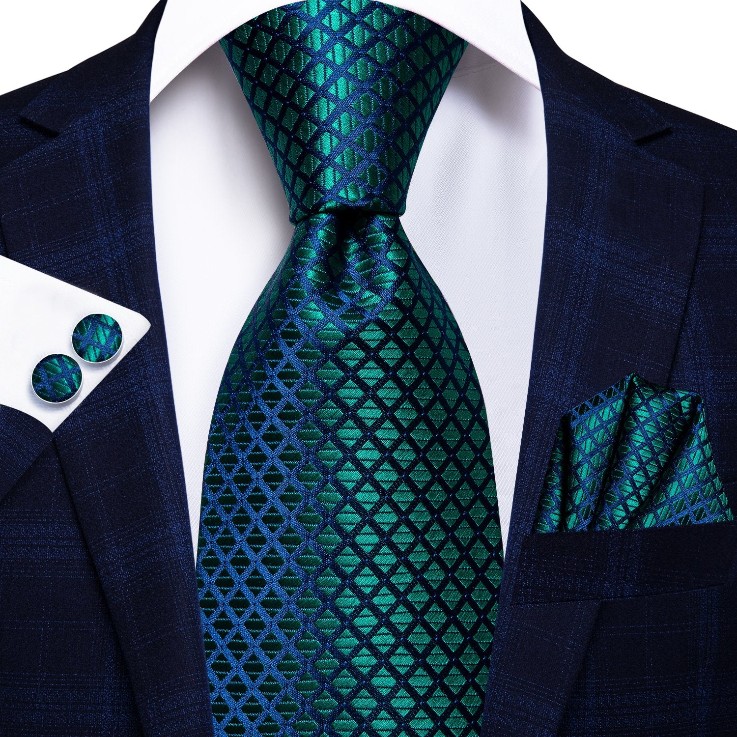 Teal Blue Plaid Tie Handkerchief Cufflinks Set with Wedding Brooch