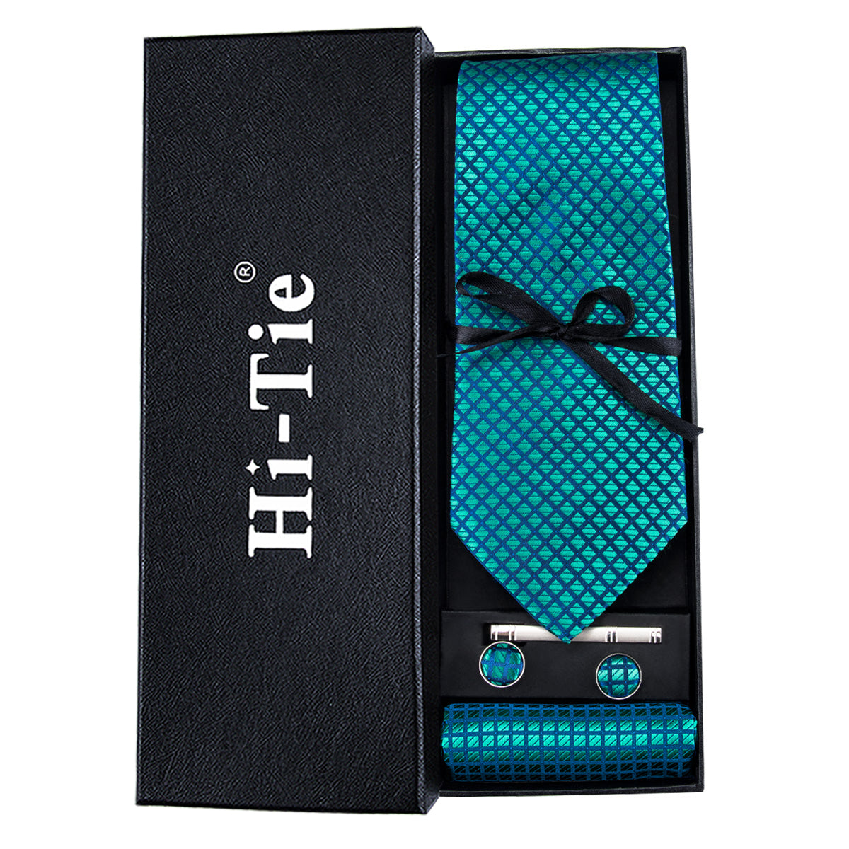 Teal Blue Plaid Tie Pocket Square Cufflinks Set Gift Box Set
