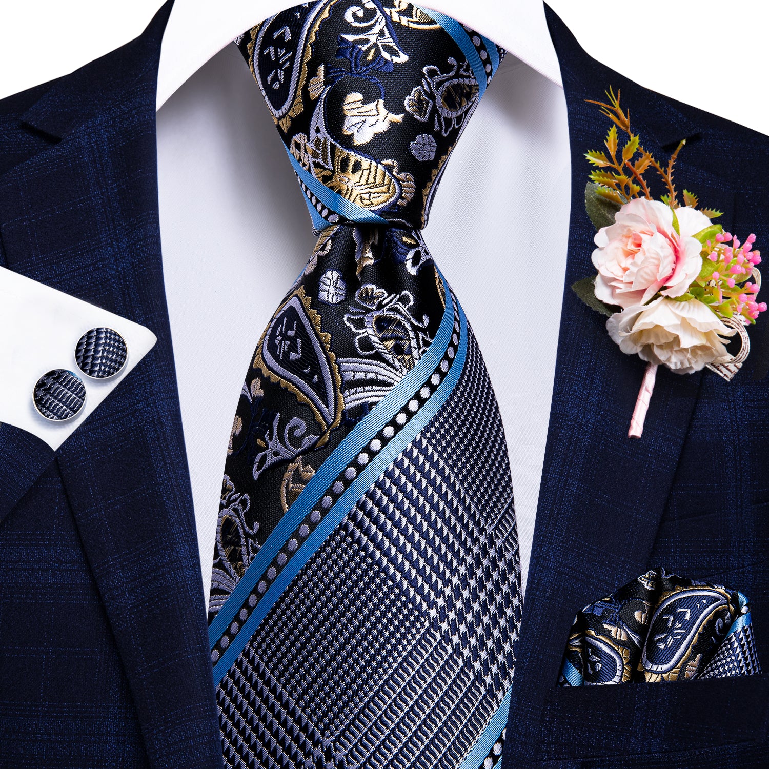 Grey Blue Novelty Tie Handkerchief Cufflinks Set with Wedding Brooch