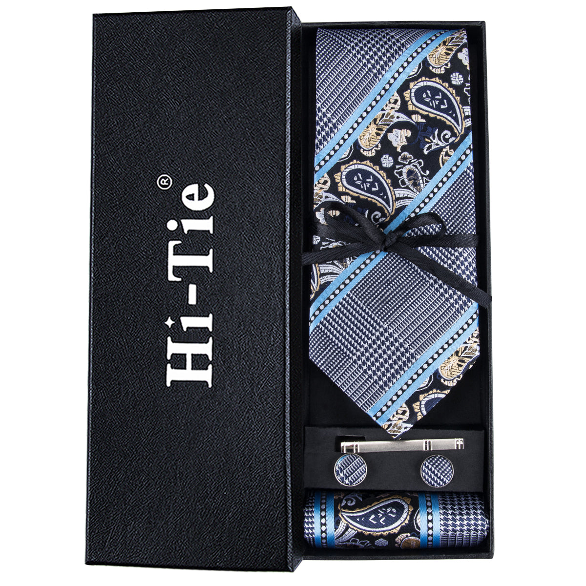 Grey Blue Novelty Tie Pocket Square Cufflinks Set Gift Box Set