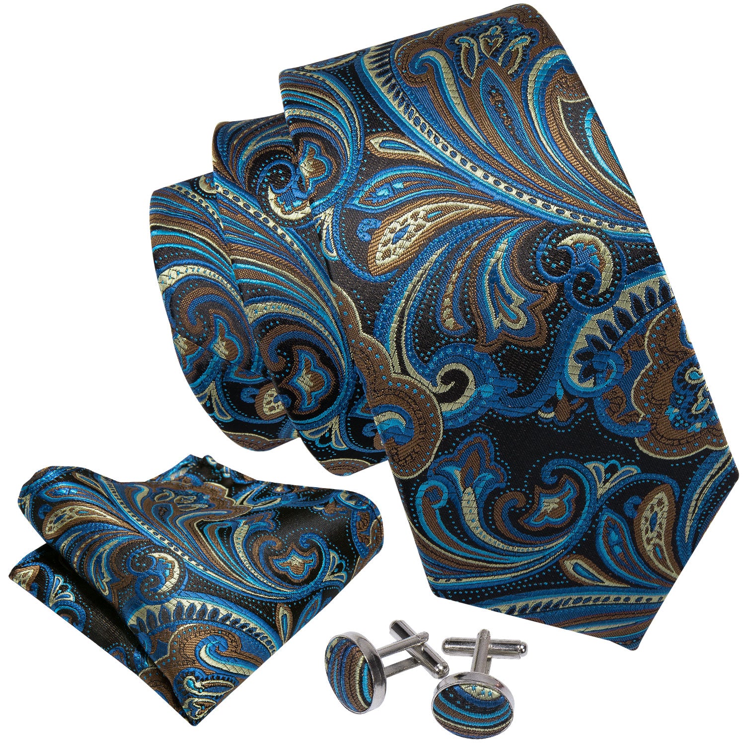 Men's Luxury Blue Necktie Pocket Square Cufflinks Set