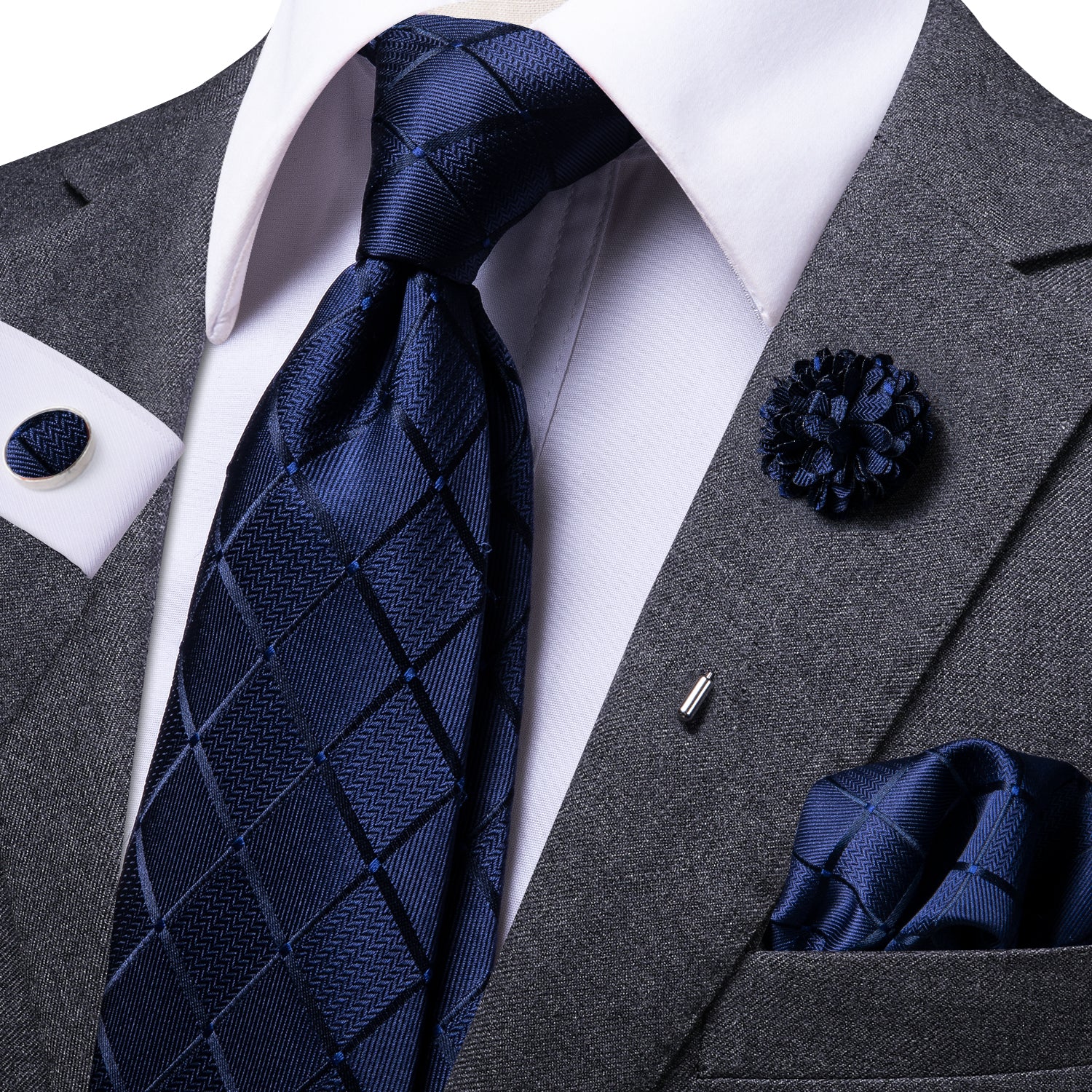 Blue Plaid Silk Men's Tie Hanky Cufflinks Set  with Brooch