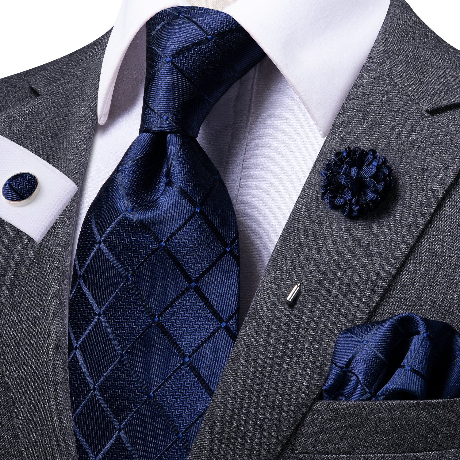 Blue Plaid Silk Men's Tie Hanky Cufflinks Set  with Brooch