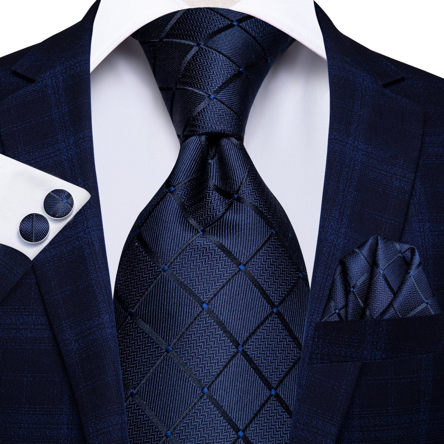 Blue Plaid Tie Handkerchief Cufflinks Set with Wedding Brooch