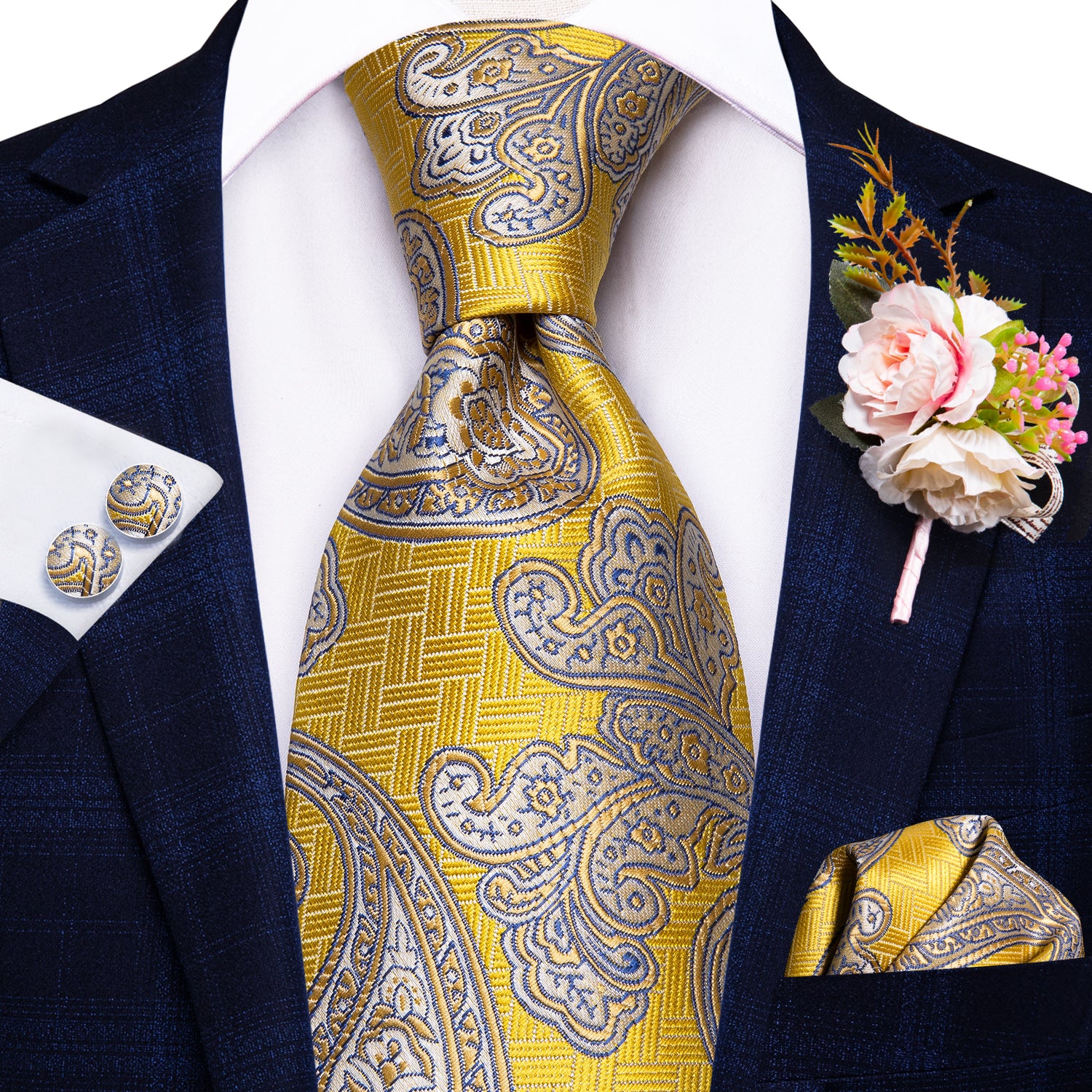 Yellow Paisley Tie Handkerchief Cufflinks Set with Wedding Brooch