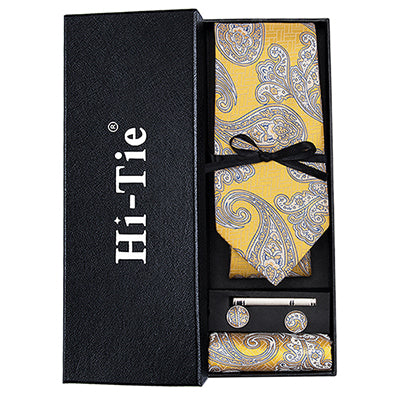 Yellow Paisley Tie Hanky Cufflinks Set Gift Box Set