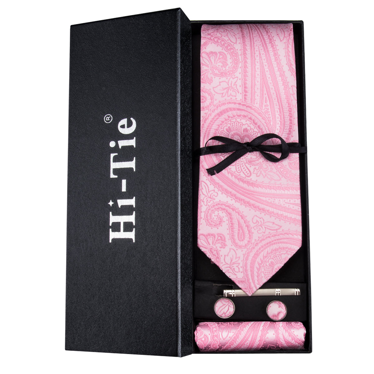 Pink Paisley Tie Hanky Cufflinks Set Gift Box Set