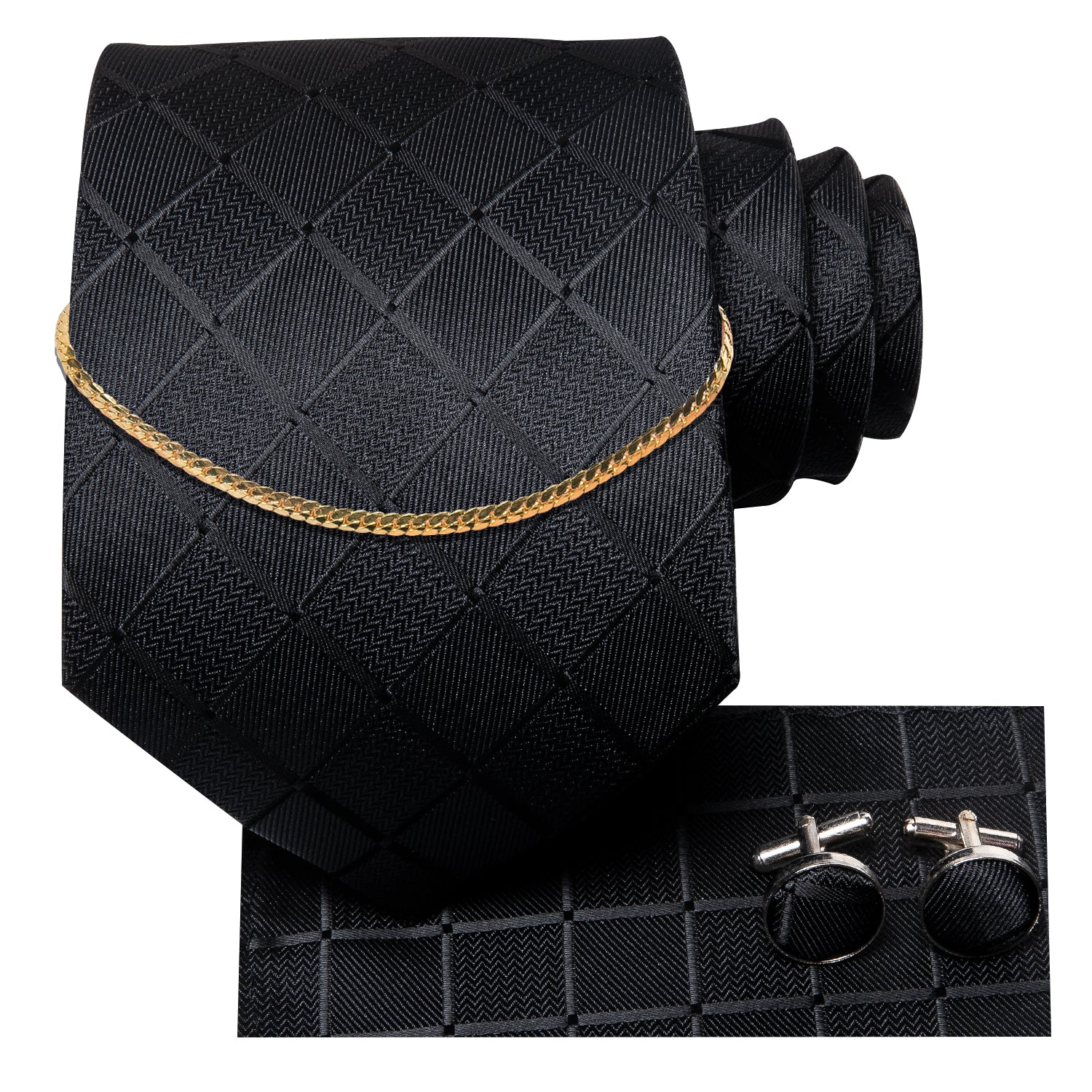 Pure Black Plaid Silk Men's Tie Set Tie Pocket Square Cufflinks Set With Golden Chain