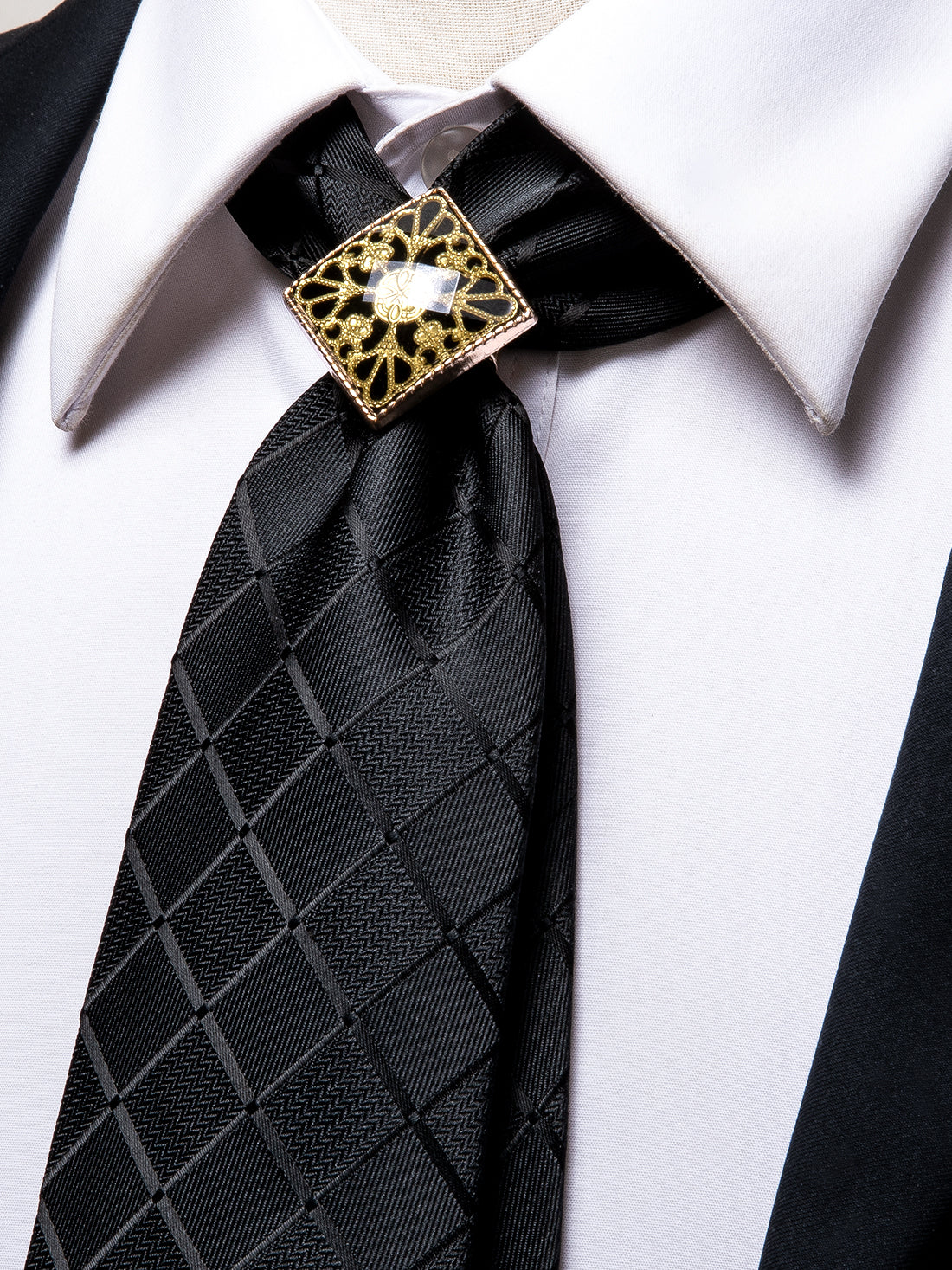 Black Plaid Poirot Tie Ring Pocket Square Cufflinks Set
