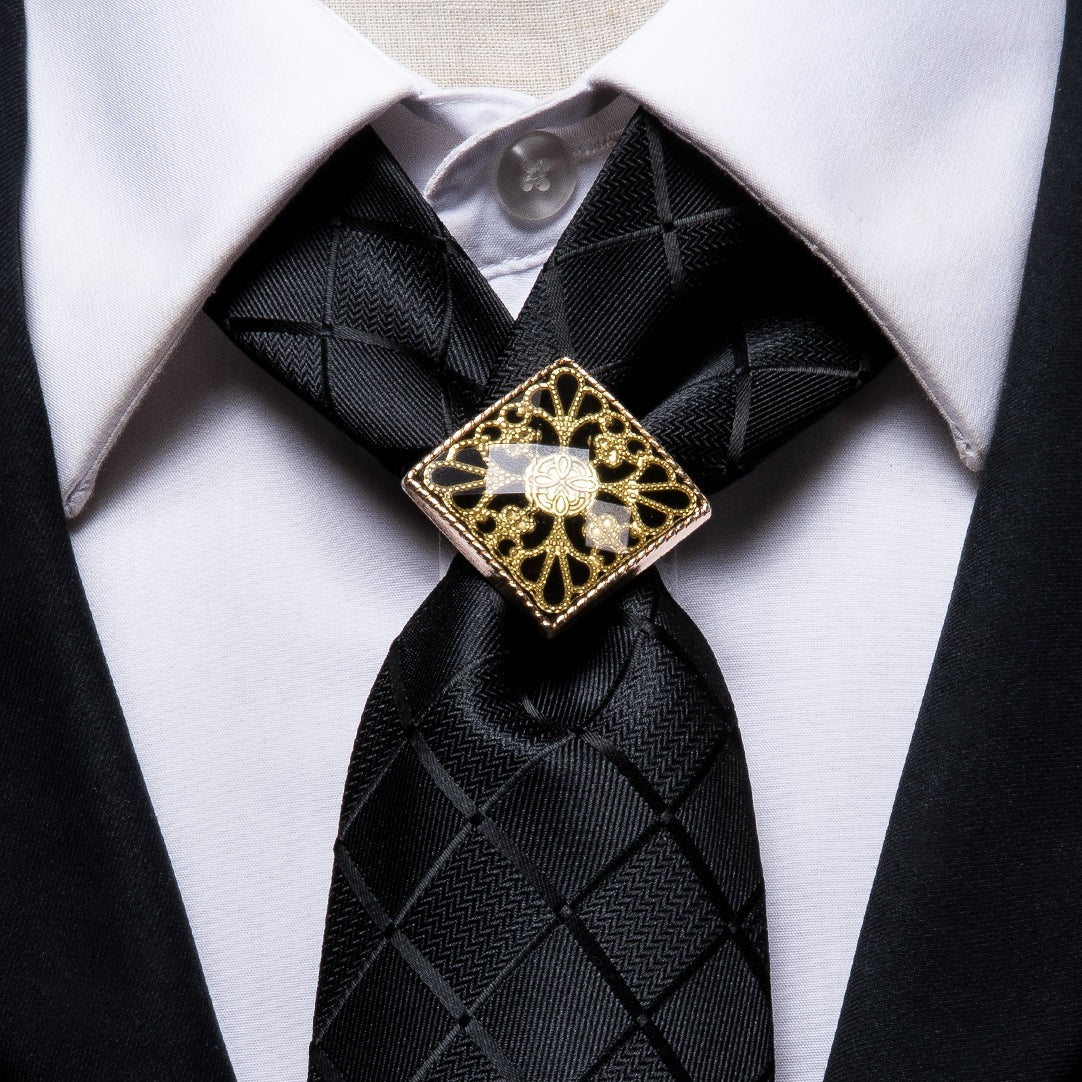 Black Plaid Poirot Tie Ring Pocket Square Cufflinks Set