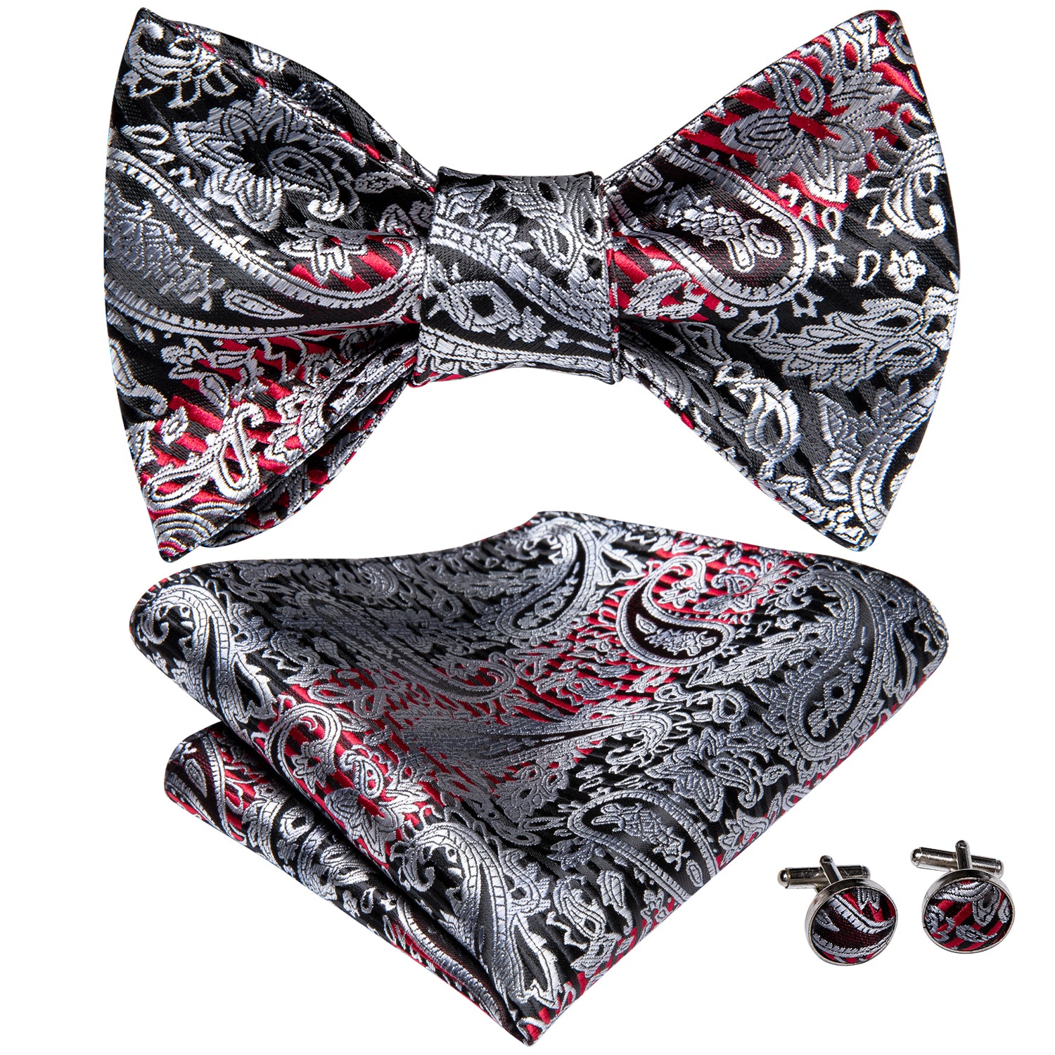 Black Red Silver Paisley Self-tied Bow Tie Pocket Square Cufflinks Set