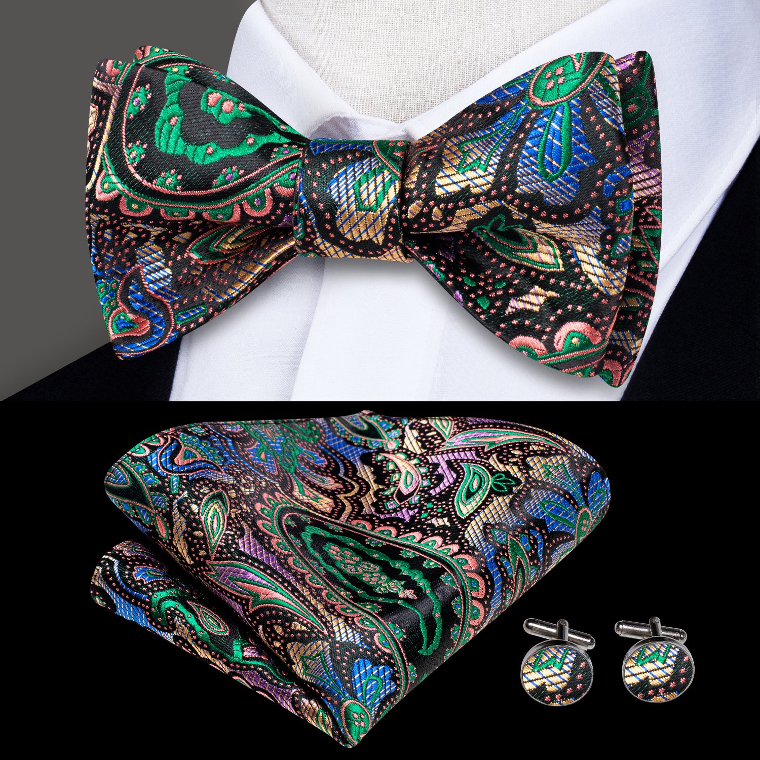 Black Green Paisley Self-tied Bow Tie Pocket Square Cufflinks Set
