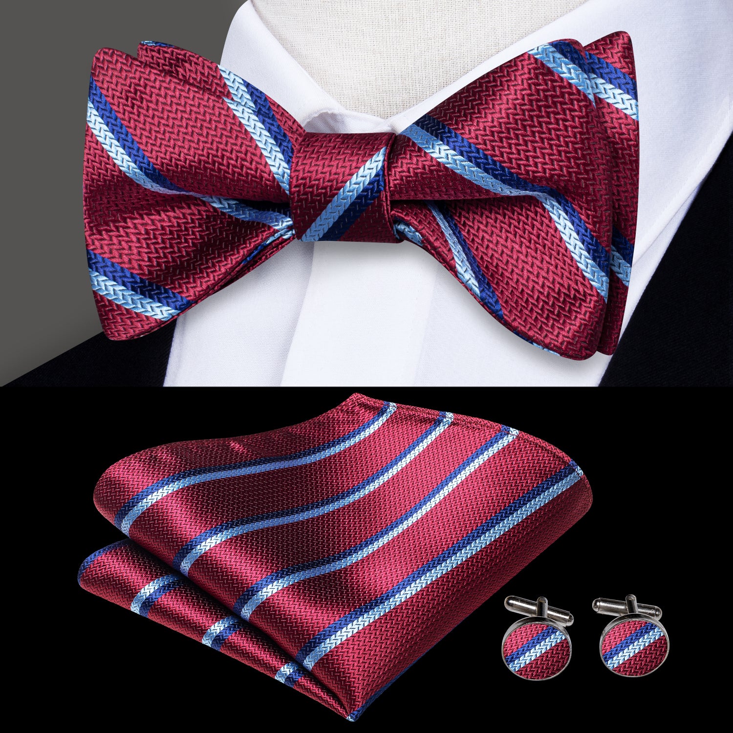 Red Blue Strip Weave Silk Self-tied Bow Tie Pocket Square Cufflinks Pin Set