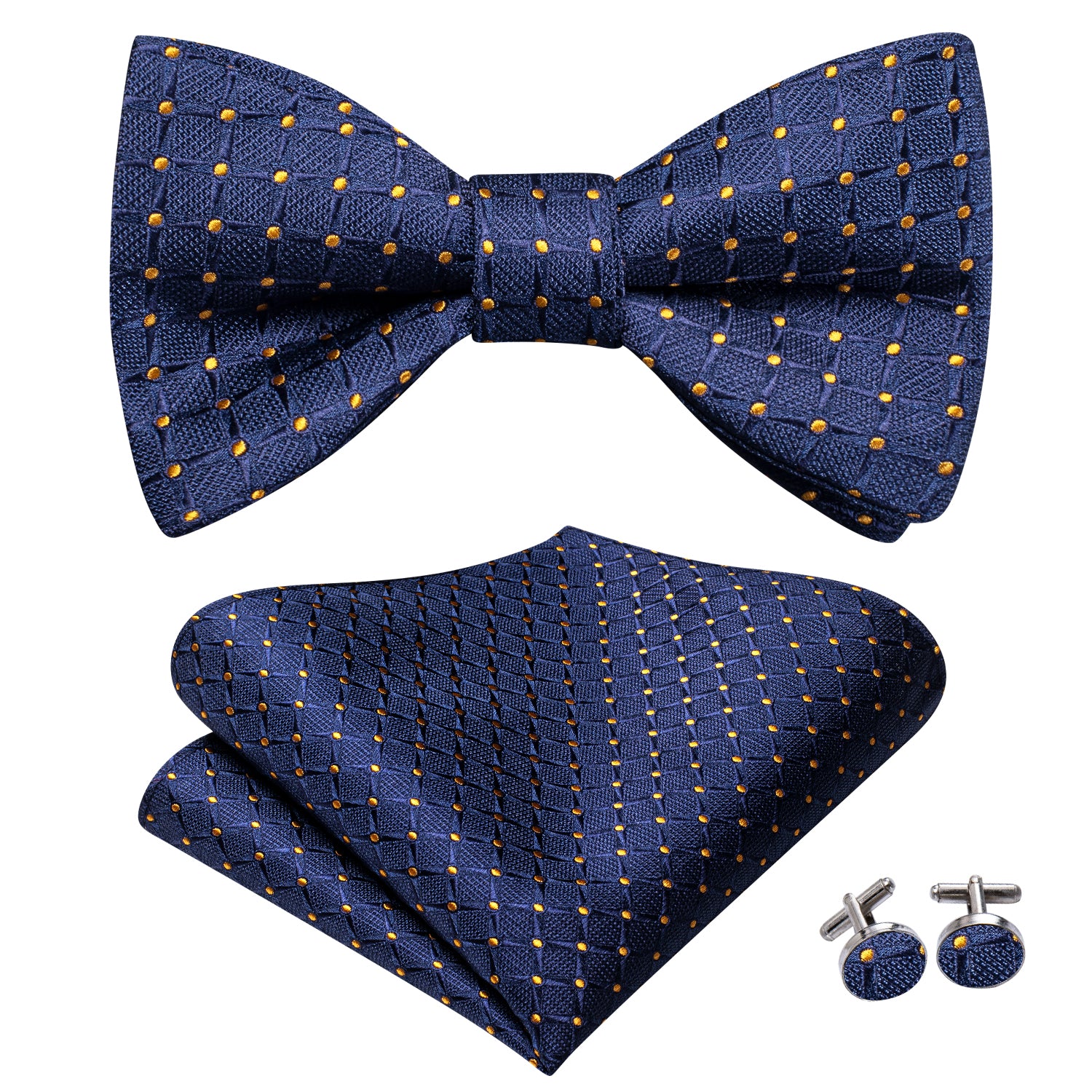 New Blue Golden Dot Silk Self-tied Bow Tie Pocket Square Cufflinks Pin Set