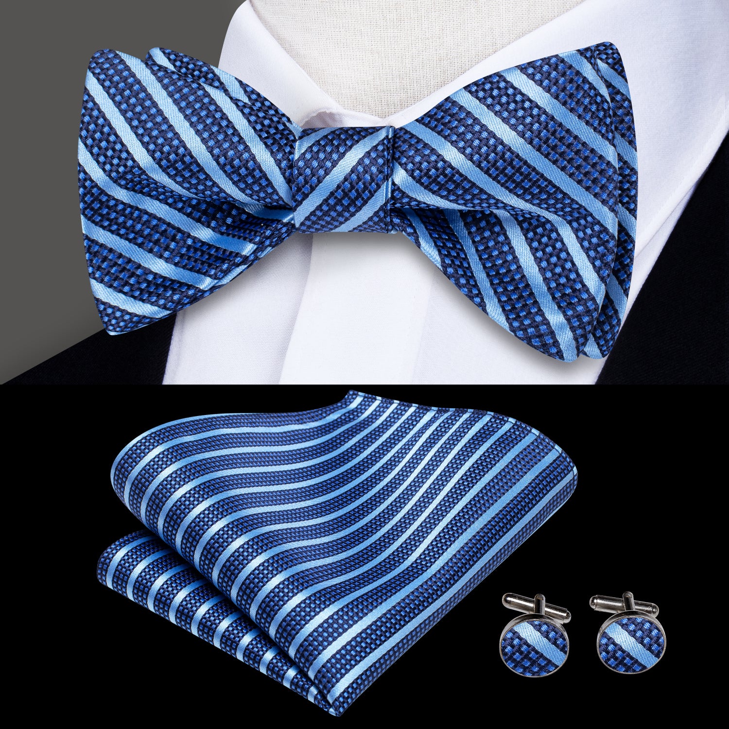 Navy Blue Striped Plaid Self-tied Bow Tie Pocket Square Cufflinks Set