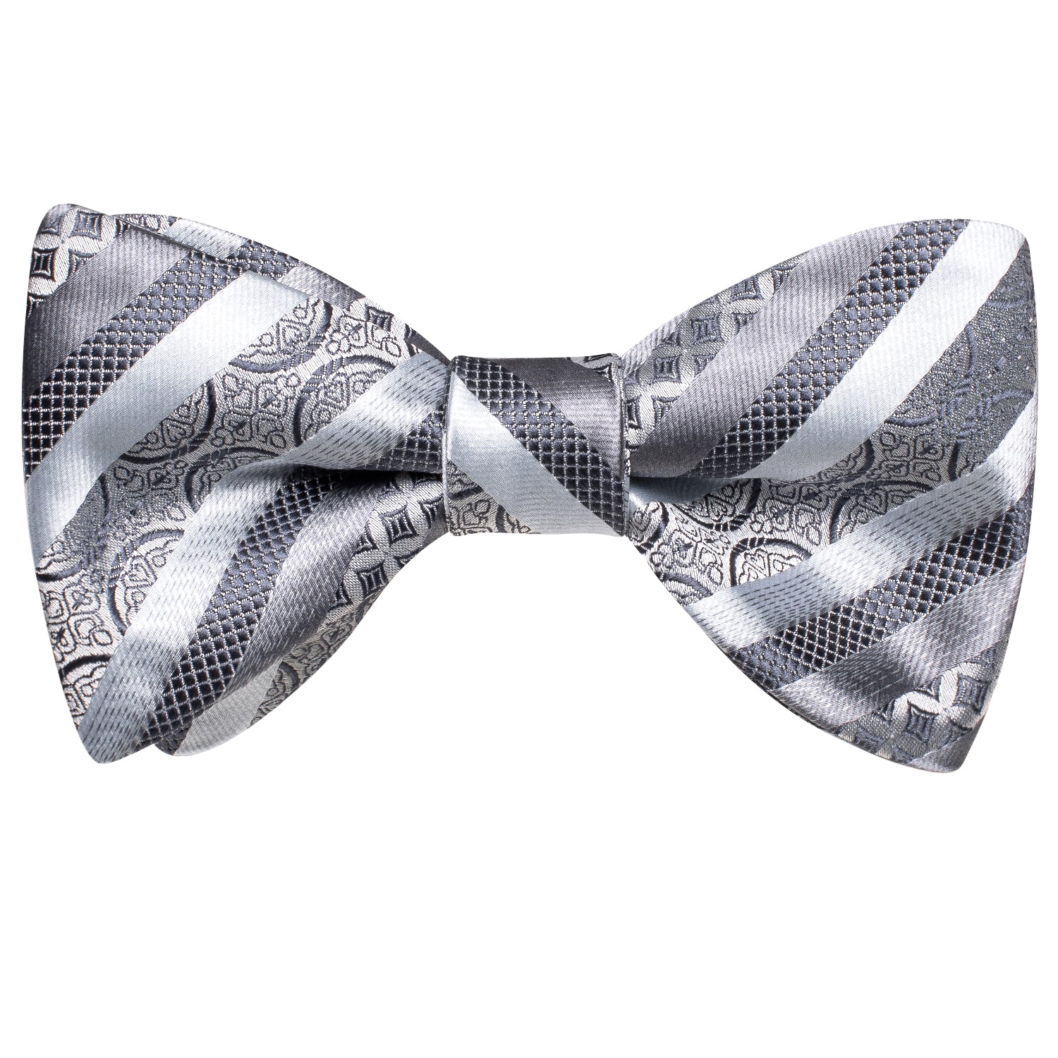 $10.99 Grey White Paisley Striped Pre-tied Bow Tie Hanky Cufflinks Set