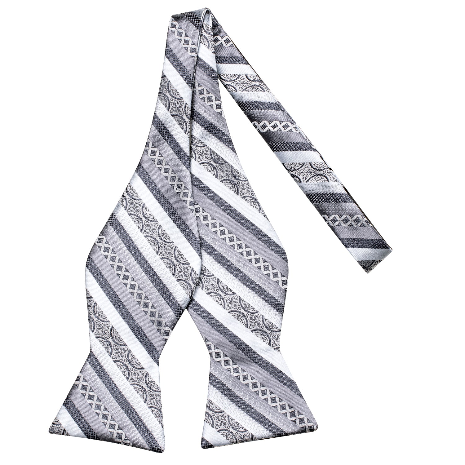 $10.99 Grey White Paisley Striped Pre-tied Bow Tie Hanky Cufflinks Set