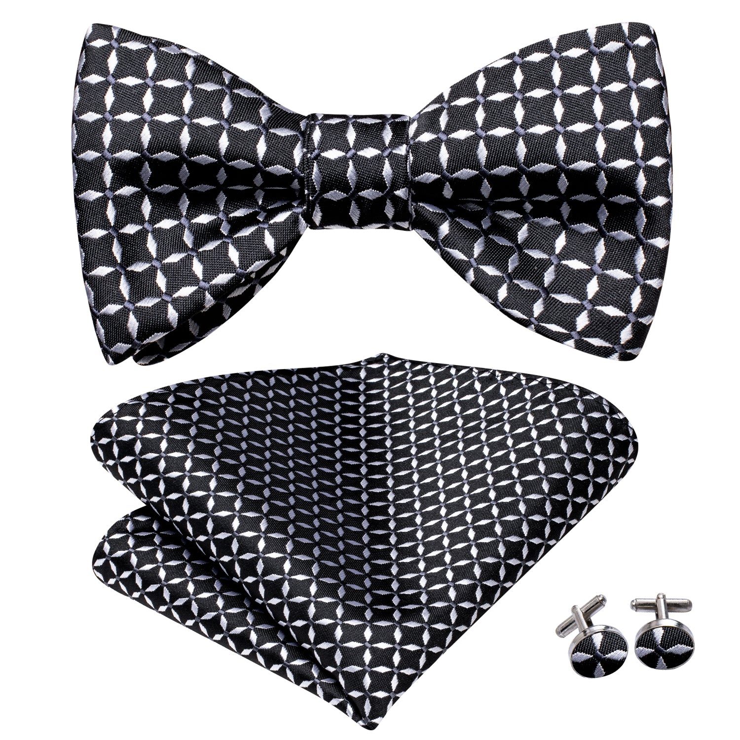 Black White Plaid Novelty Pre-tied Bow Tie Hanky Cufflinks Set