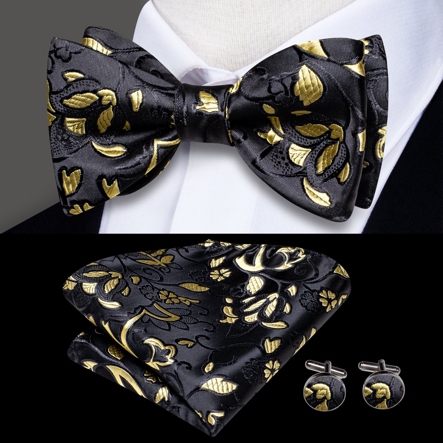 Black Yellow Floral Pre-tied Bow Tie Hanky Cufflinks Set