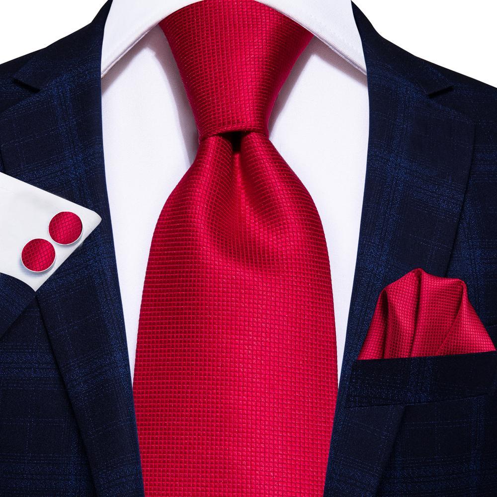 Red Solid Tie Handkerchief Cufflinks Set with Wedding Brooch