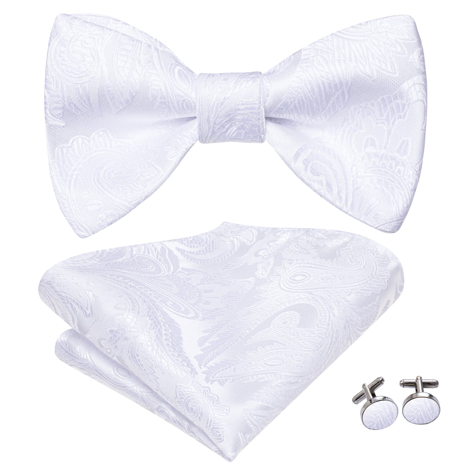 White Paisley Silk Self-tied Bow Tie Pocket Square Cufflinks Set