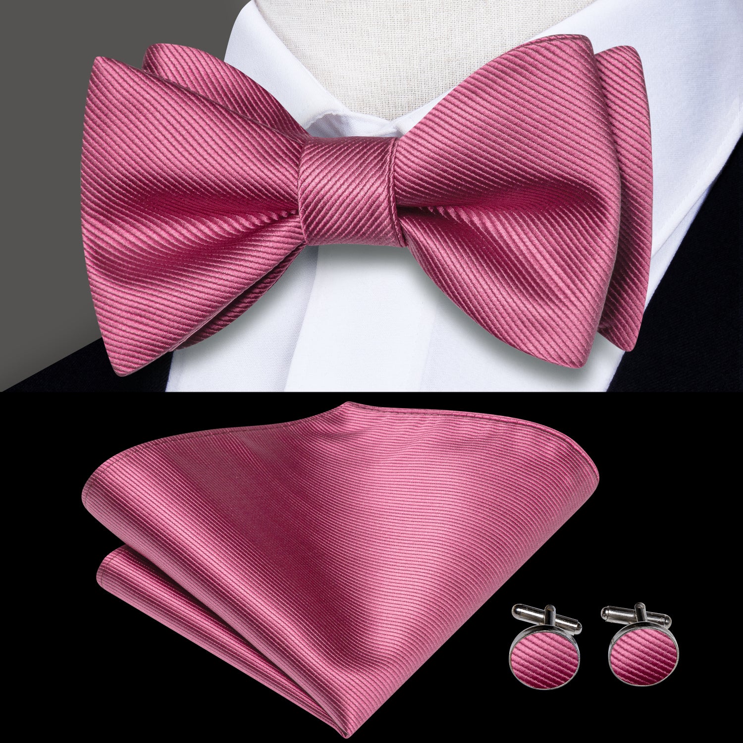 Fuchsia Pink Striped Silk Self-tied Bow Tie Pocket Square Cufflinks Set