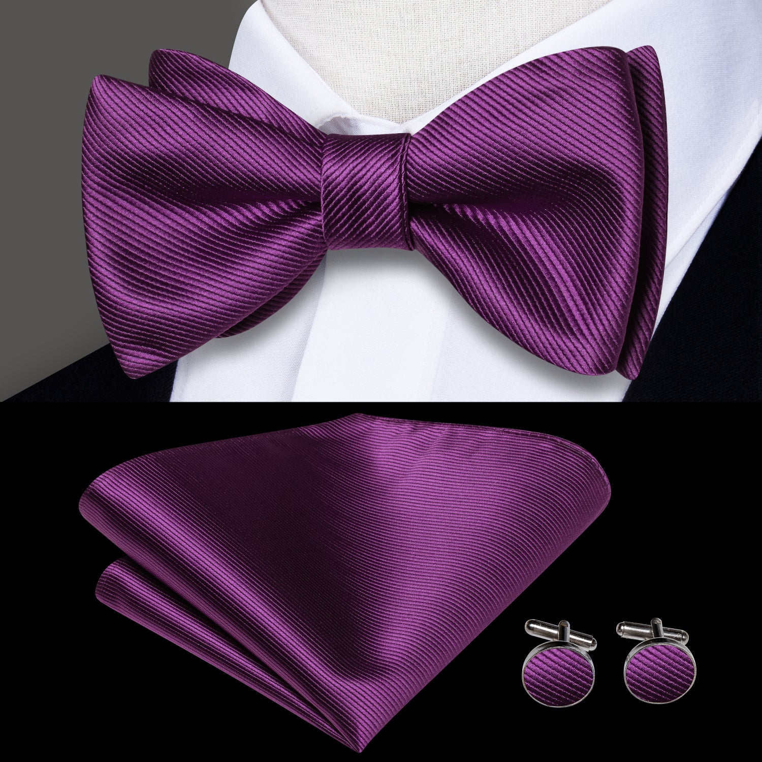 Dark Purple Striped Silk Self-tied Bow Tie Pocket Square Cufflinks Set