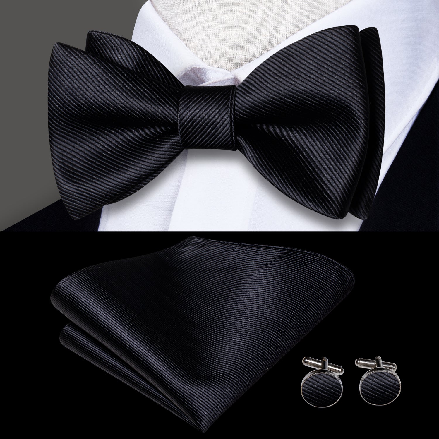 Black Striped Silk Self-tied Bow Tie Pocket Square Cufflinks Set
