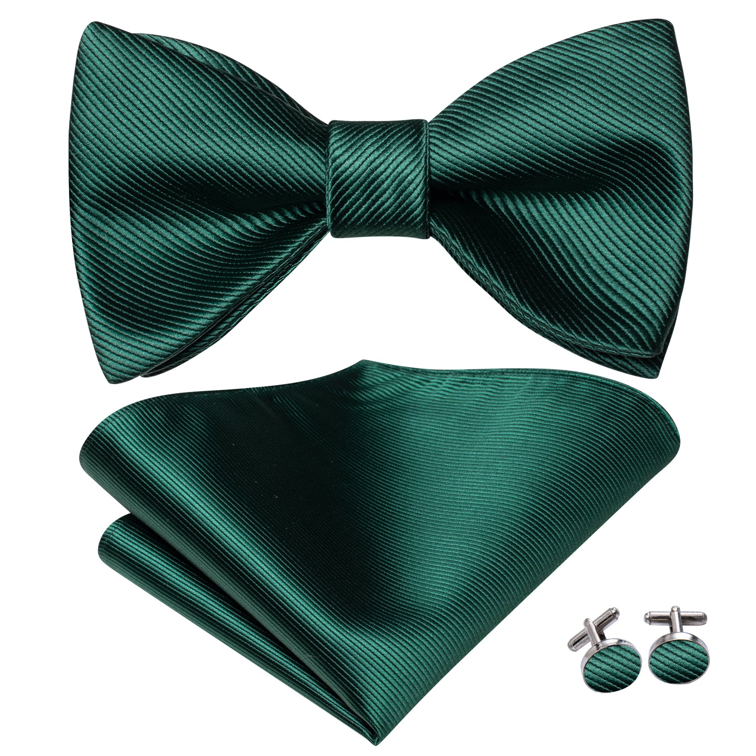 Emerald Green Striped Silk Self-tied Bow Tie Pocket Square Cufflinks Set