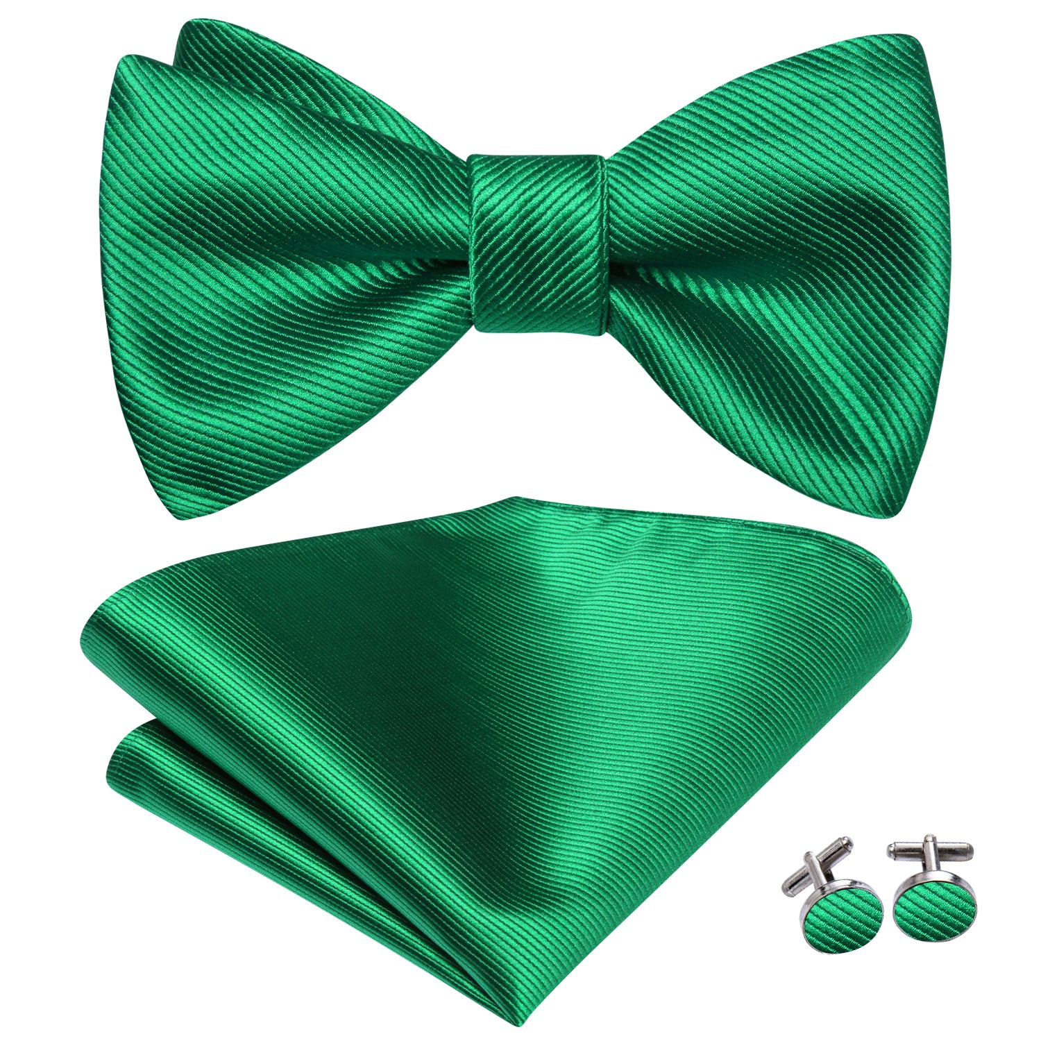 Grass Green Striped Silk Self-tied Bow Tie Pocket Square Cufflinks Set
