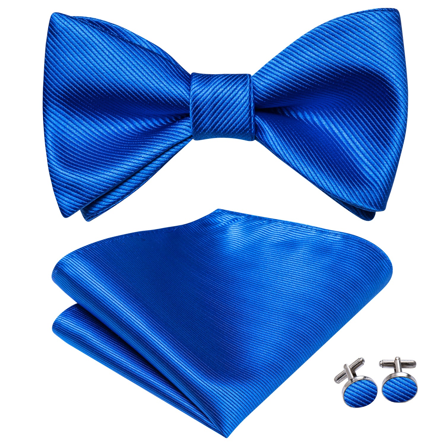 Royal Blue Striped Silk Self-tied Bow Tie Pocket Square Cufflinks Set
