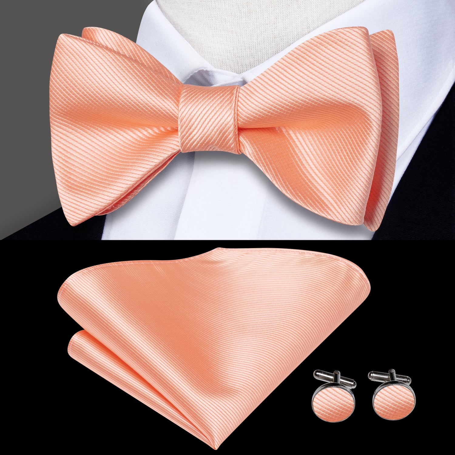 New Coral Pink Striped Silk Self-tied Bow Tie Pocket Square Cufflinks Set