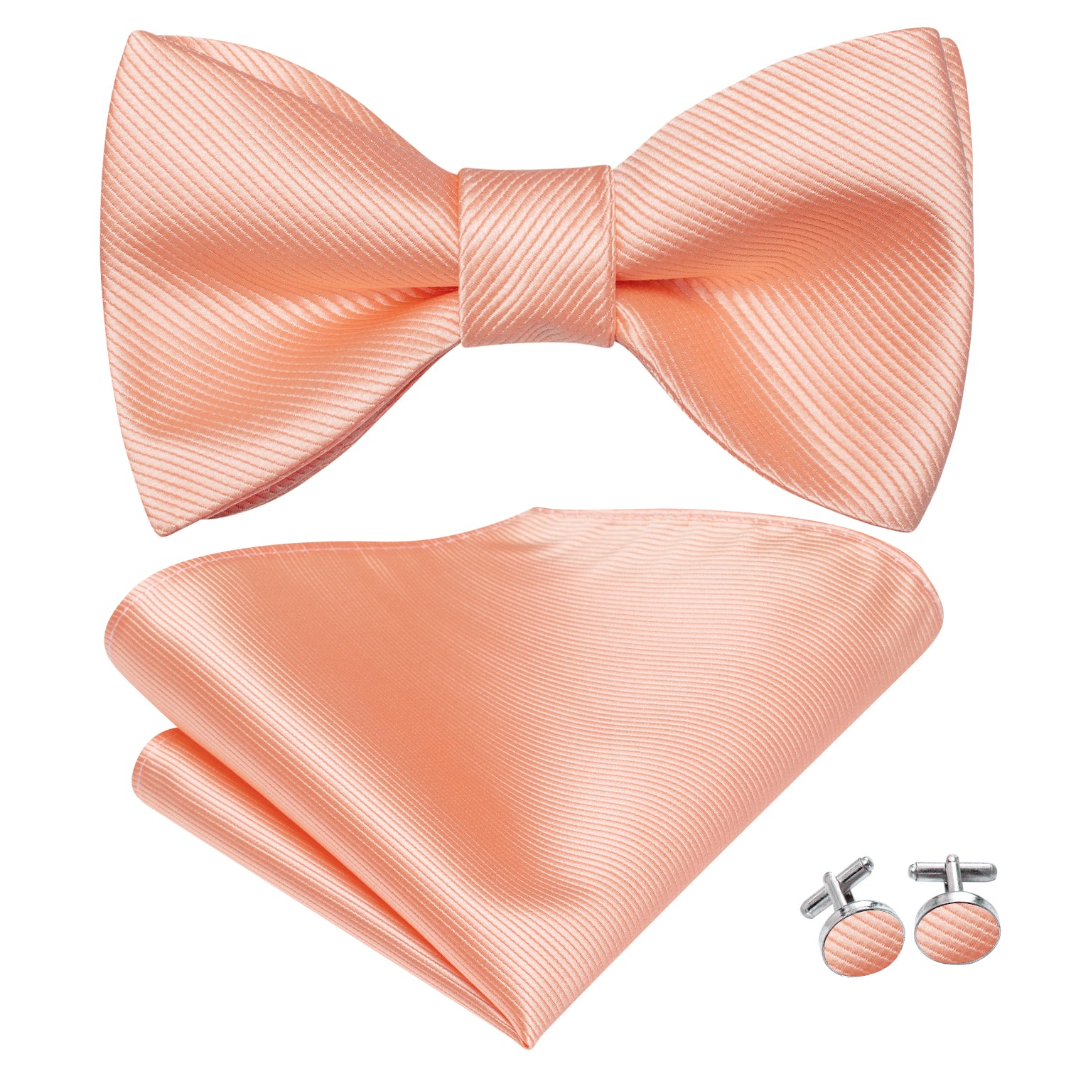 Coral Pink Striped Silk Self-tied Bow Tie Pocket Square Cufflinks Set