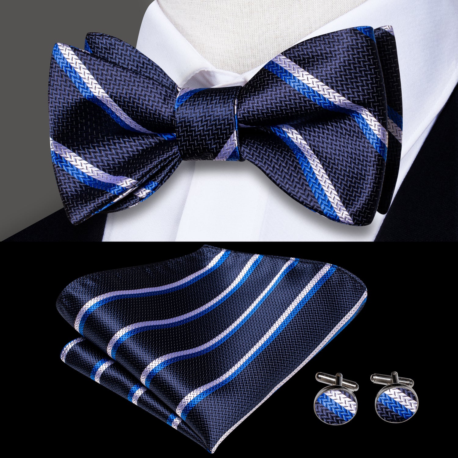 New Navy Blue Striped Silk Self-tied Bow Tie Pocket Square Cufflinks Set