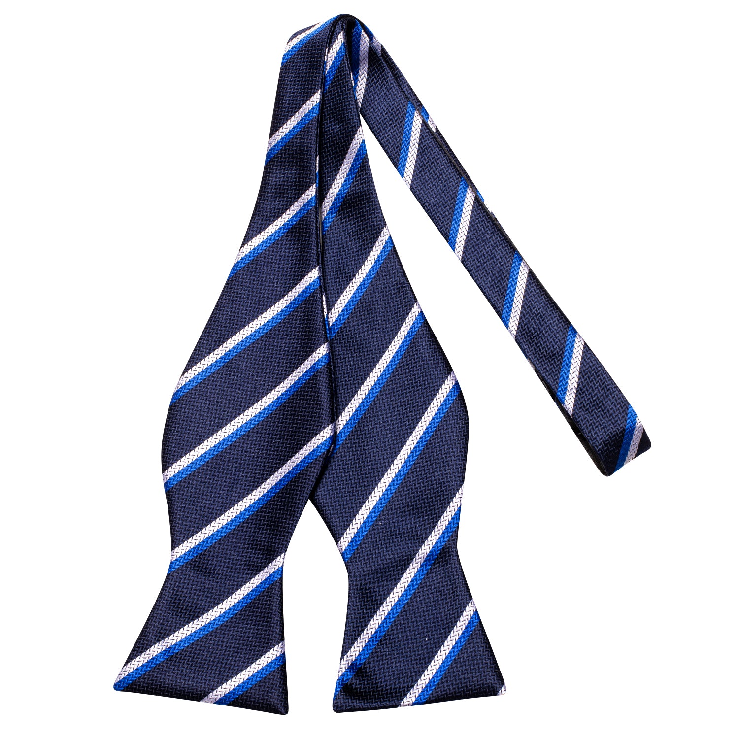 New Navy Blue Striped Silk Self-tied Bow Tie Pocket Square Cufflinks Set