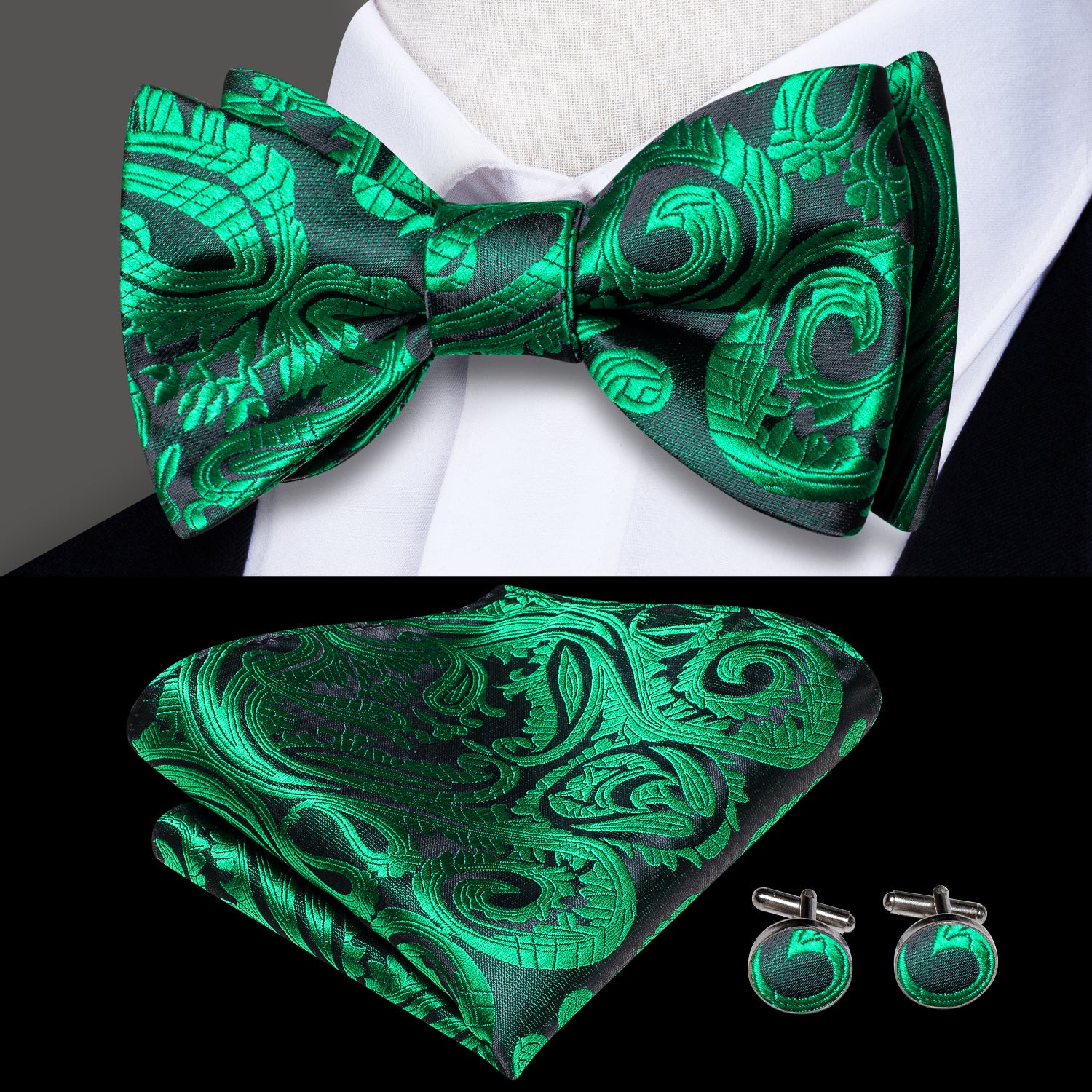 New Emerald Green Paisley Silk Self-tied Bow Tie Pocket Square Cufflinks Set