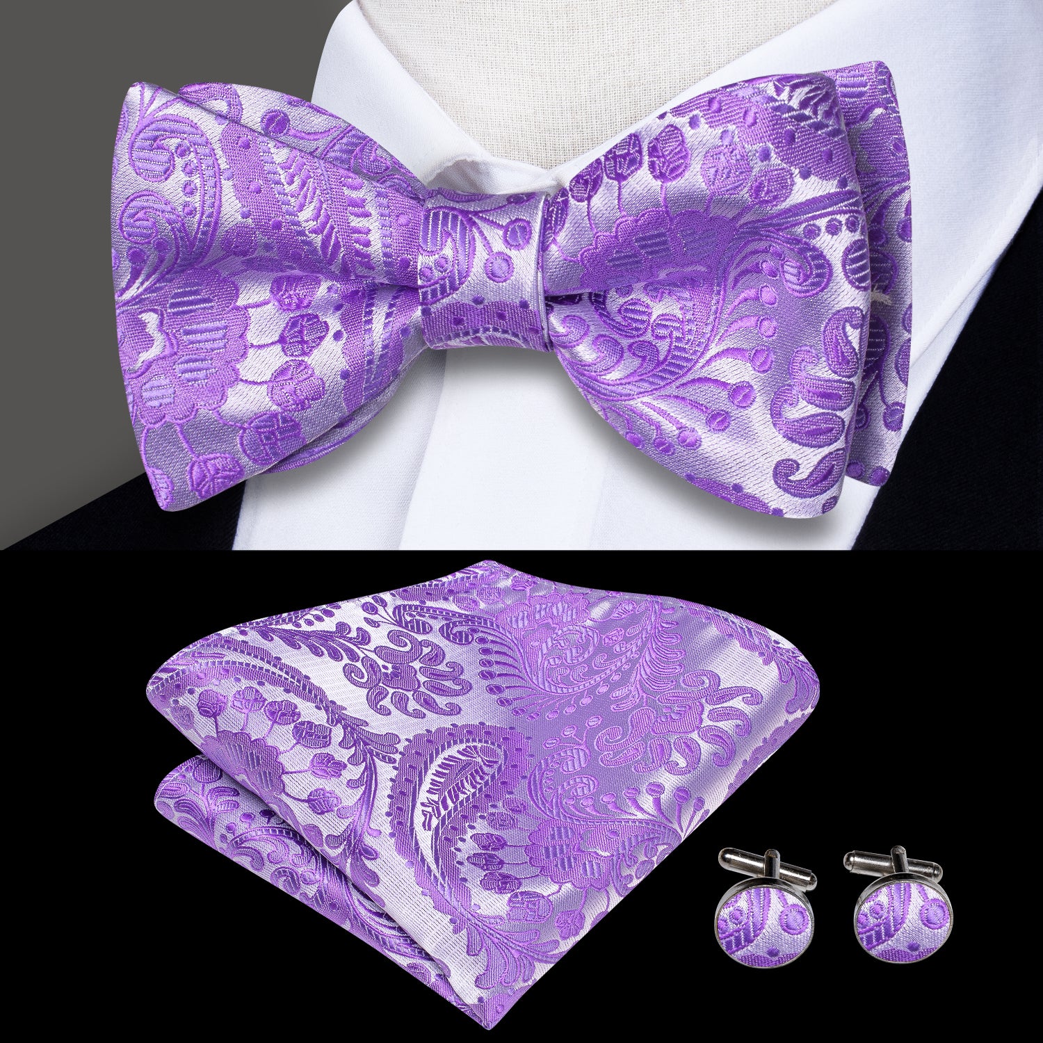 New Purple Silver Paisley Silk Self-tied Bow Tie Pocket Square Cufflinks Set