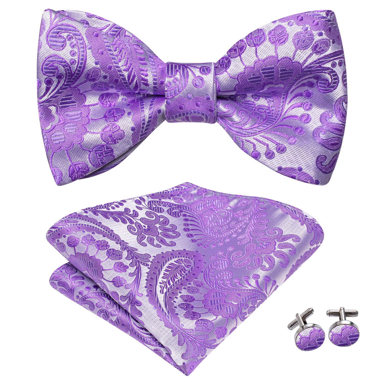 New Purple Silver Paisley Silk Self-tied Bow Tie Pocket Square Cufflinks Set