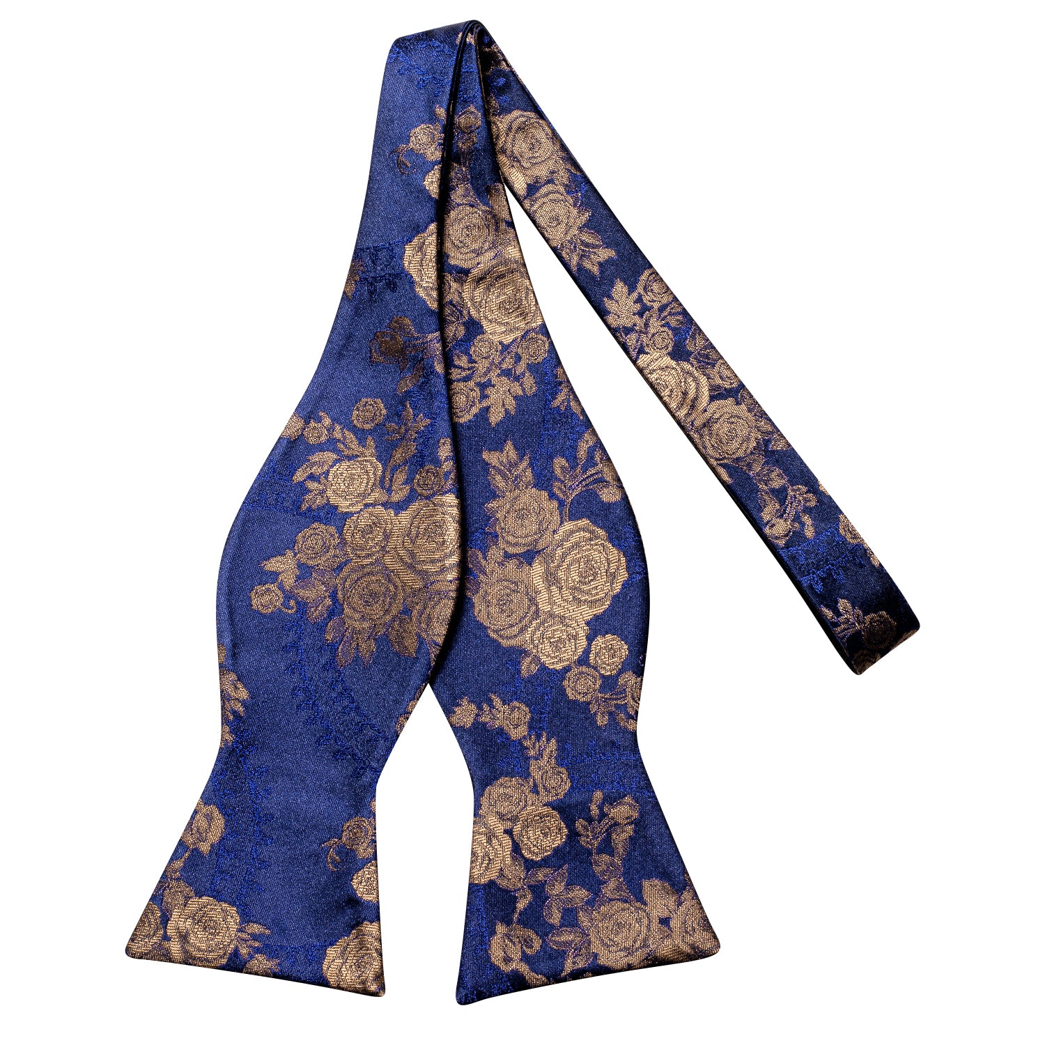 Dark Blue Champagne Floral Silk Self-tied Bow Tie Pocket Square Cufflinks Set